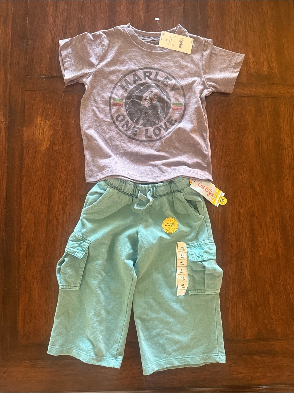 Gray 'Marley One Love' Tee with Mint Green Crop Pant Set, Size 4T